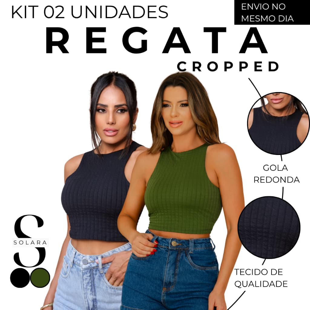 KIT 02 Regata Cropped Blusa Feminino Texturizado Justo Modela Casual Versatil Curto