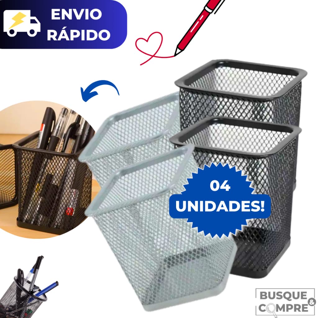 Kit 4 Porta Caneta e Lápis Quadrado para Escritório de Ferro Organizador Preto e Cinza Aramado Resistente