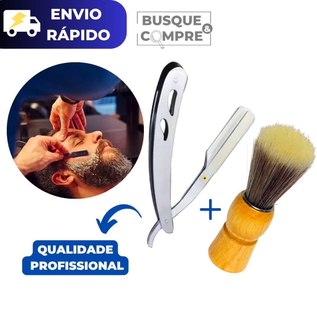 Navalhete Profissional + Pincel de Barbear com Cabo de Madeira para Barbeiro Kit Barbearia Fibras
