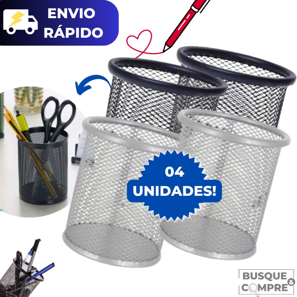 Kit 4 Porta Caneta e Lápis Redondo para Escritório de Ferro Organizador Preto  e Cinza Aramado Resistente