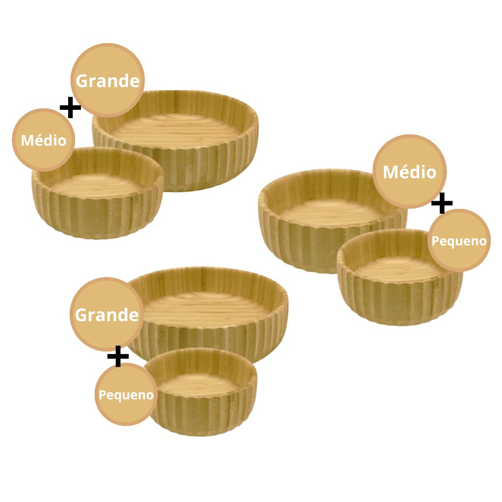 Kit Bowls 2 Unidades Saladeiras Tijelas Canelado Bambu Grande Médio e Pequeno Cozinha - Oikos