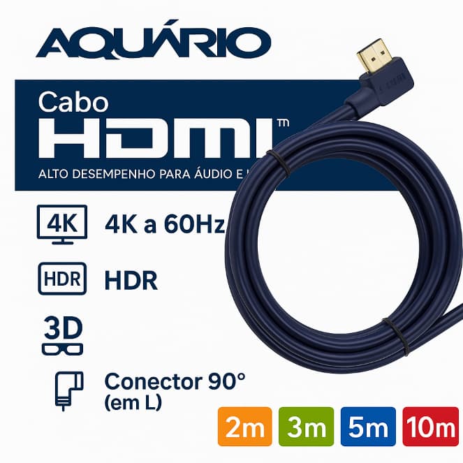 Cabo HDMI 2.0 Angulado 90° em L 4K 60Hz HDR 19 pino Aquário 2m/3m/5m/10m TV Monitor Console Projetor