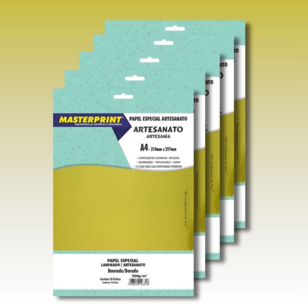 Kit Papel Laminado Dourado A4 250g MASTEPRINT 100 Folhas