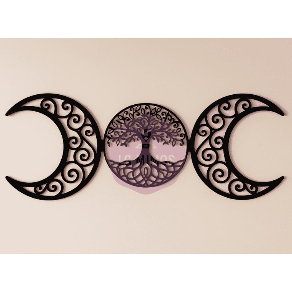 Mandala Lua Tripla com Árvore da Vida em MDF Preto – Decoração Mística