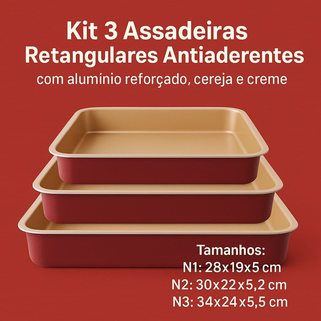 Kit 3 Assadeiras Retangulares Antiaderente Alta – Nº 1, 2, 3 | Alumínio Reforçado Cereja e Creme