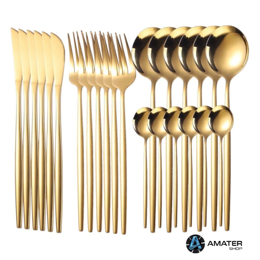 Conjunto Kit 24 Peças Douradas de Aço Inox Talheres Faqueiro Garfo Colher Faca Colher Jantar