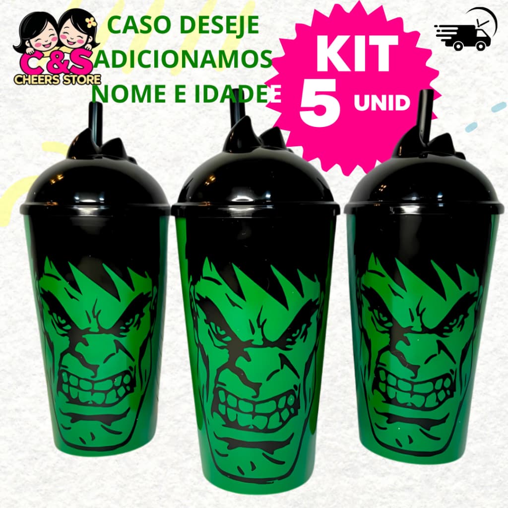 Kit 5 Copo Twister Herói HULK 500ml - Com Tampa e Canudo - Festa infantil - Decoração Lembrancinhas