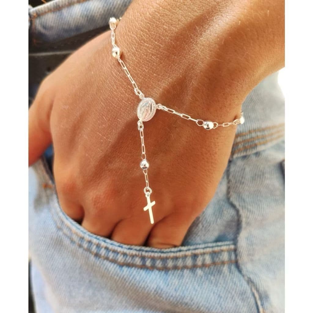 Pulseira  Terço Nossa Senhora Aparecida Padroeira Religiosa Banhada A Prata 925 / Ouro 18K