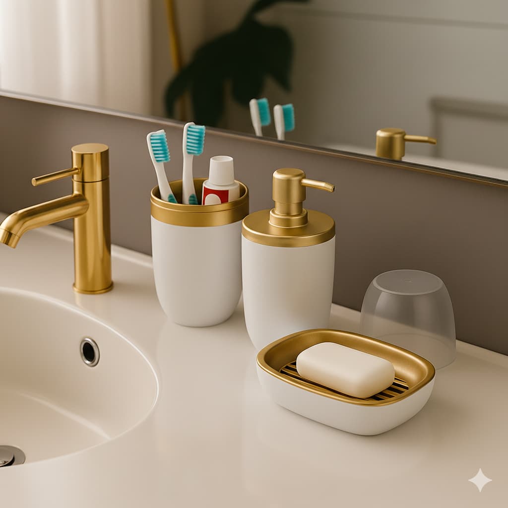 Kit peças Banheiro Arthi Luxo Porta Escova de Dente + Saboneteira + Porta Sabonete Líquido