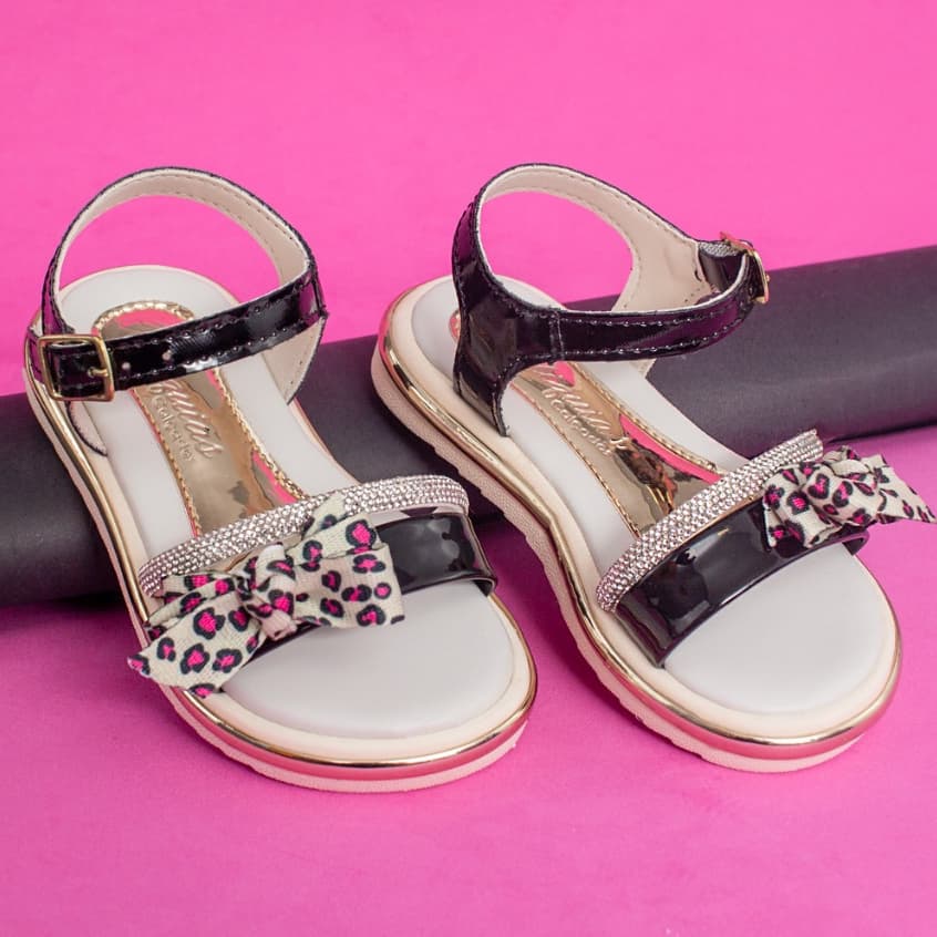 Sandália Menina Infantil Delicada Laço Onça Confortável Moda Brilho Strass Casual Festa Promoção