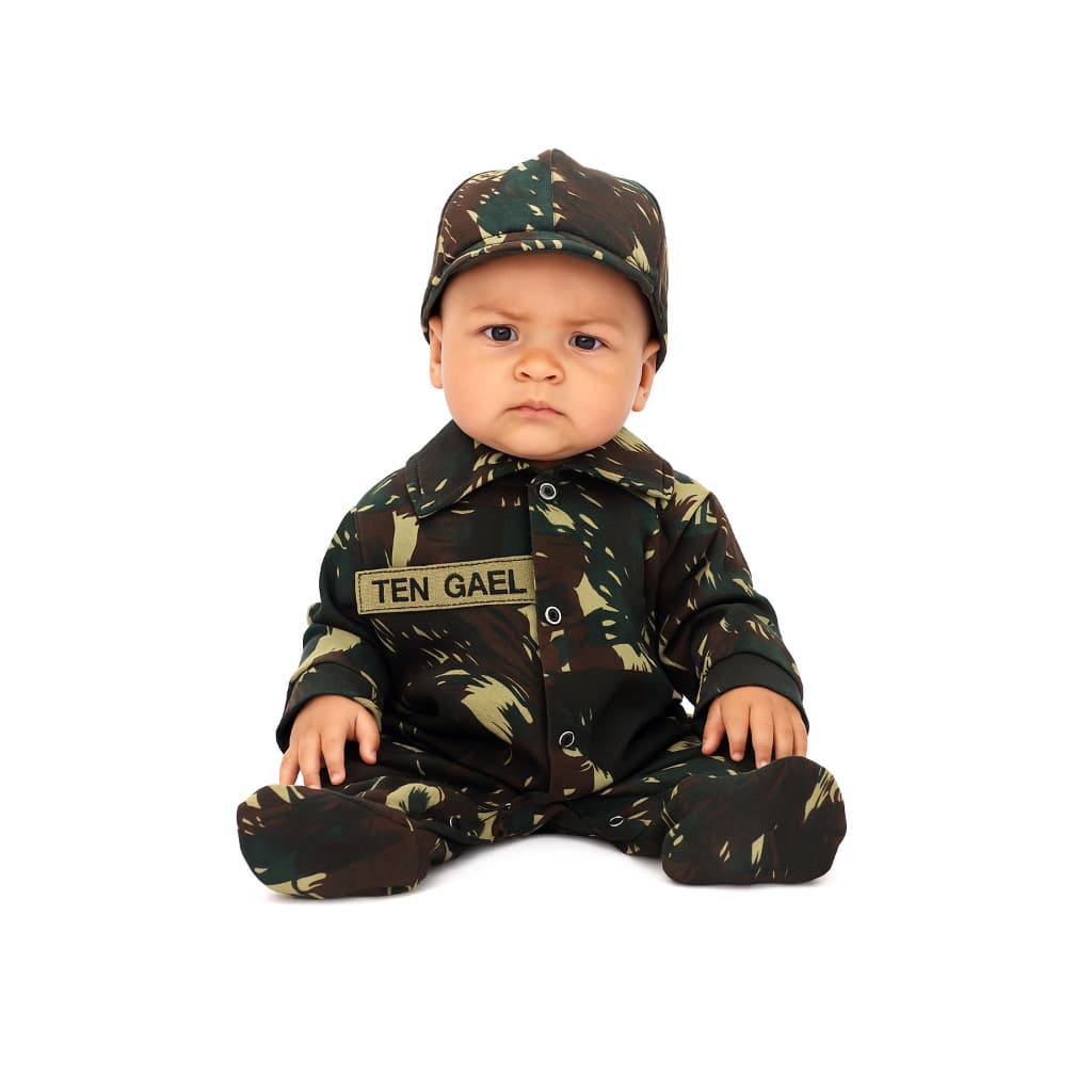 Macacão Camuflado Personalizado com Boné Para Bebê