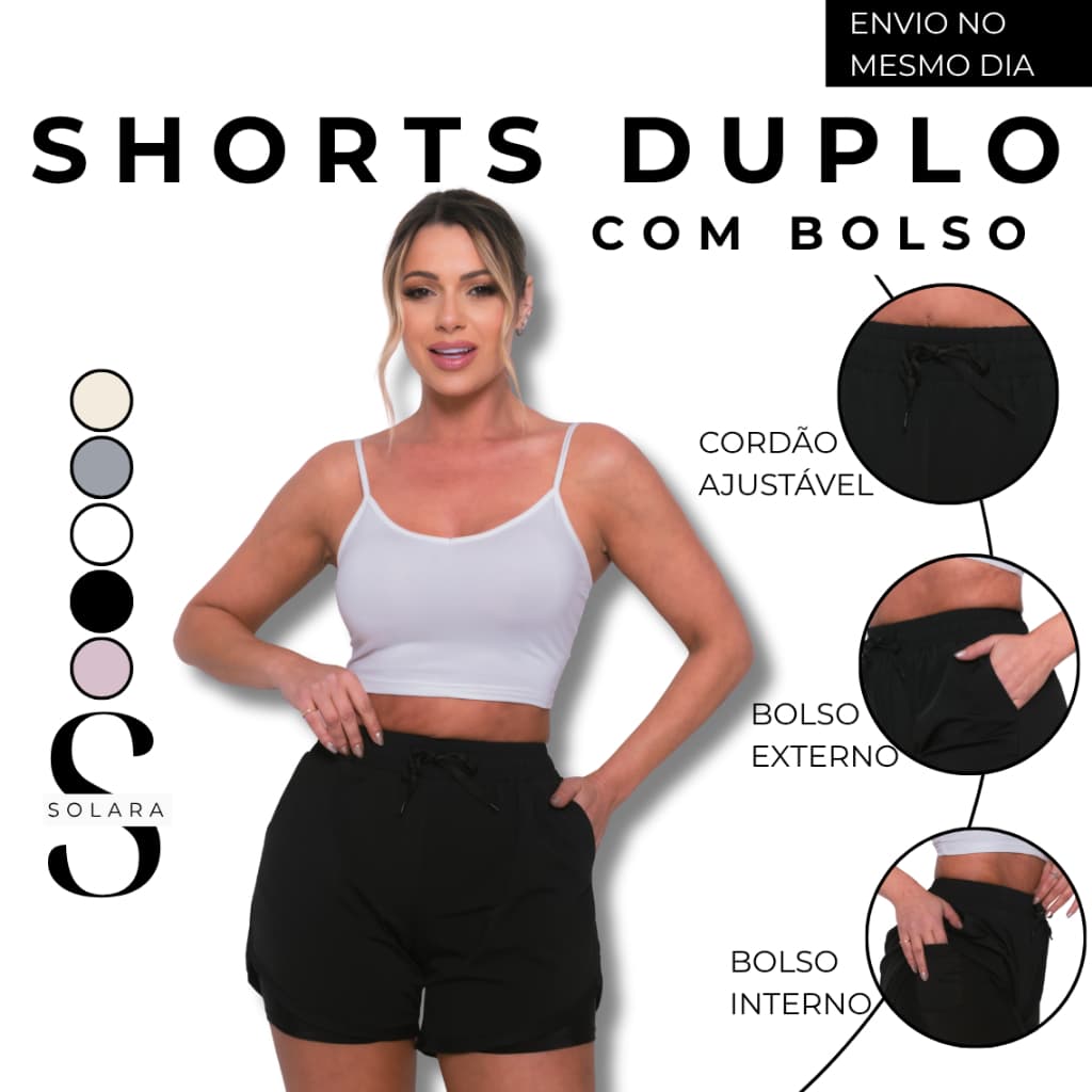 Shorts Duplo Poliamida com Bolso Lateral Dentro e Fora com Forro Feminino Uso Academia Casual Fitness Short Solto