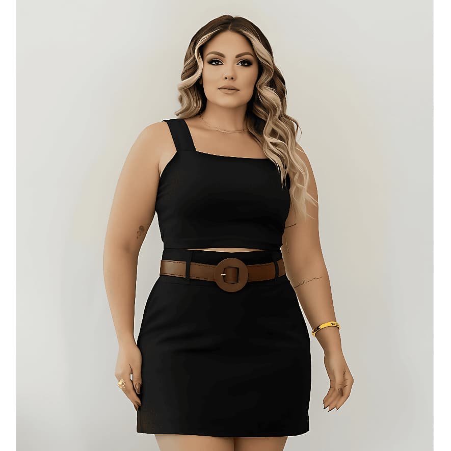 Conjunto Feminino Blusa Cropped Short Saia Com Cinto Plus Size - Conjuntinho Plus Curve