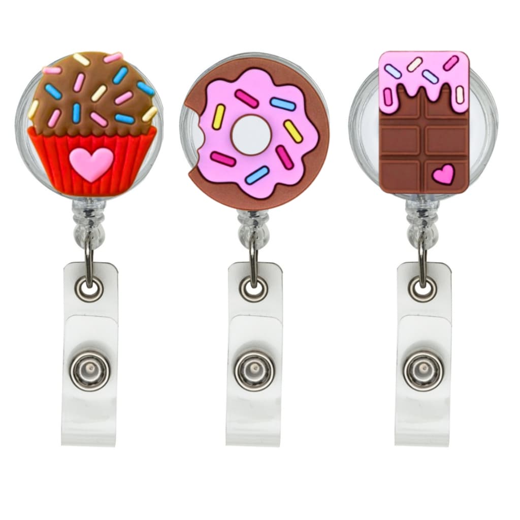 Porta Crachás Retrátil Roller Clip Confeitaria Doces Chocolate Cupcake Donuts
