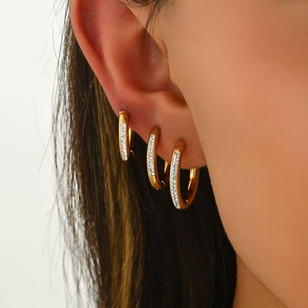 Kit 3 Brincos Argola Feminino Dourado ou Prata com Pedras Aço Inoxidável P M G À Prova d’Água