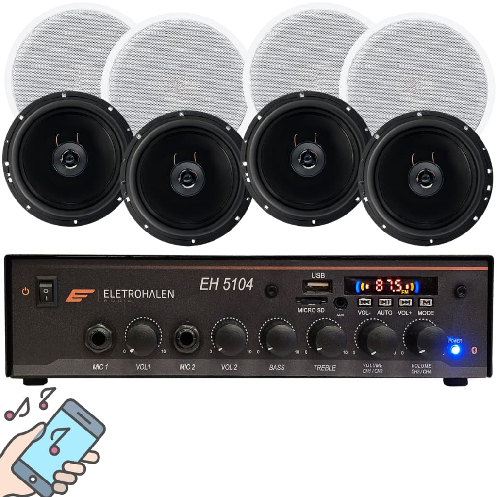 Kit Som Ambiente Bluetooth 2 Zonas + 8 Caixas De Som Coaxial Amplificador