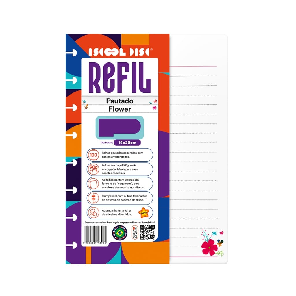 Refil Caderno De Disco Iscool Inteligente Pautado Flower Inteligente 90g 100 Folhas