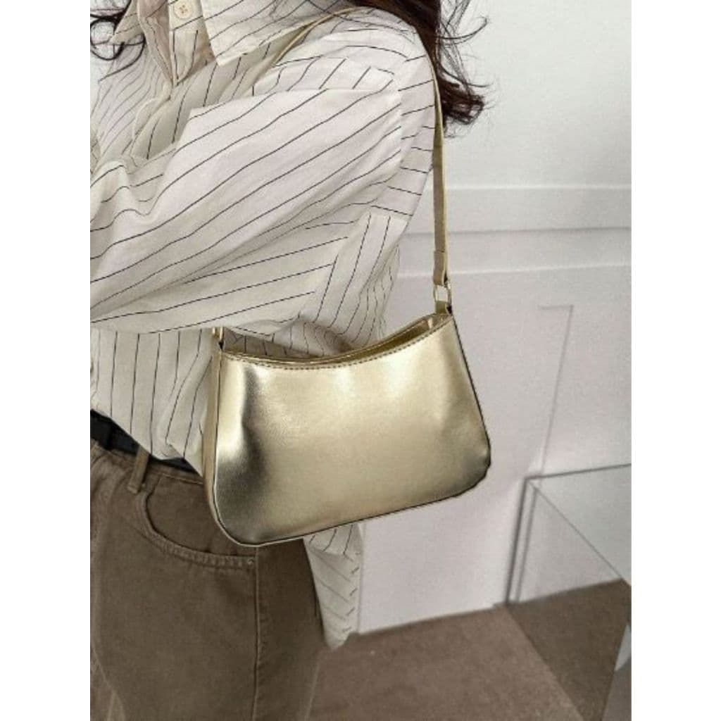 Bolsa Feminina Baguete Dourado e Prata Blogeuira com Alça Ajustável Transversal Tiracolo Presente