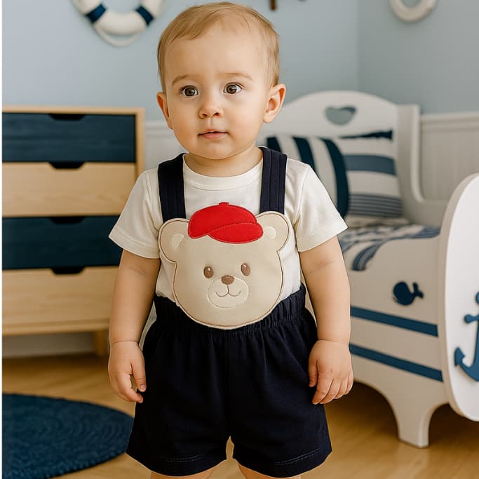 Conjunto Jardineira + Body Algodão Masculino Acabamento Algodão
