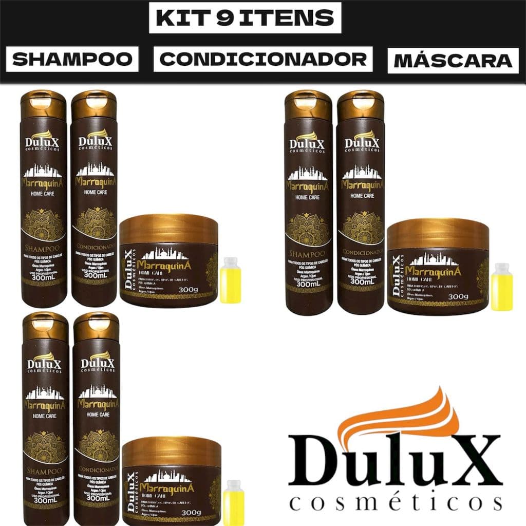 Kit 9 itens Shampoo Condicionador e Máscara Dulux Marroquino Pós Química Cabelo Progressiva Hidratação