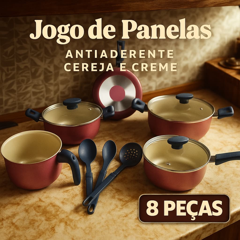 Kit Panelas Antiaderentes - CEREJA & CREME com Tampas de Vidro ( Jogo com 8 peças, com 5 camadas de Teflon Premium)