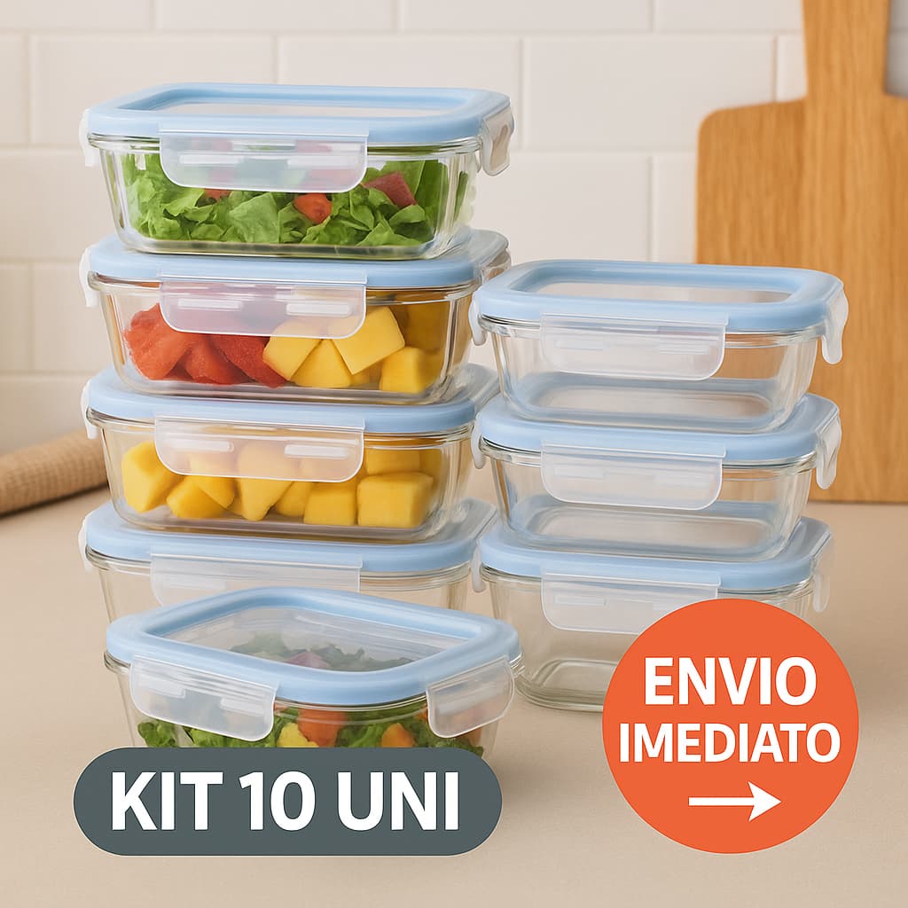 Kit 10 Potes de Vidro Hermético Divisórias Marmita Fit Tampa 4 Travas Não Vaza Retangular Microondas