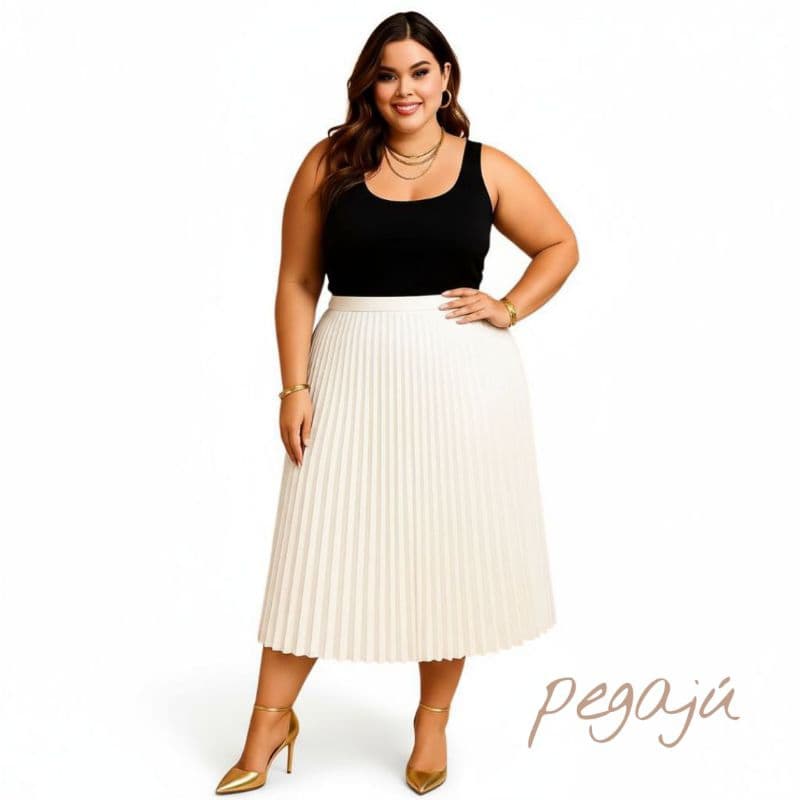 Saia Midi Plissada Plus Size Branca Cintura Alta