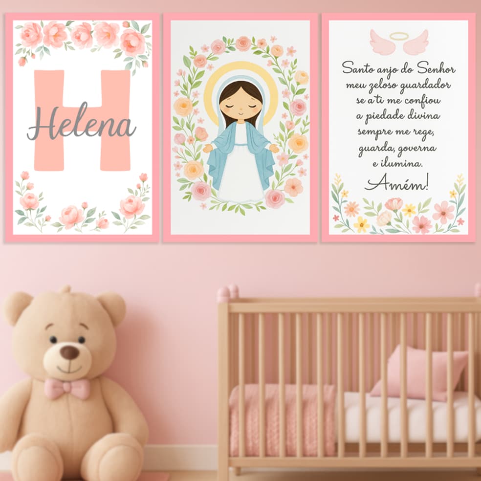 Quadro Decorativo Nossa Senhora Graças Fé Católica Nome Personalizado Bebê Santo Anjo Aparecida