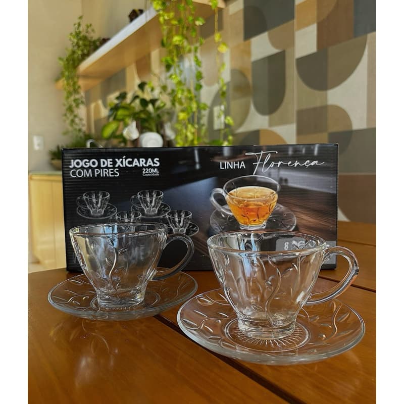 Jogo de Xícara de Cha e Cafe 12 Peças Com Pires Transparente Cristal Vidro 200ml Grande Decorada
