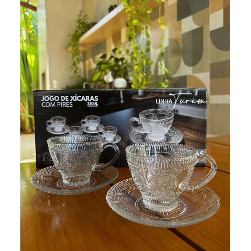 Conjunto Xícaras de Cha e Cafe 12 Peças Com Pires Transparente Cristal Vidro 200ml Decorada Florida