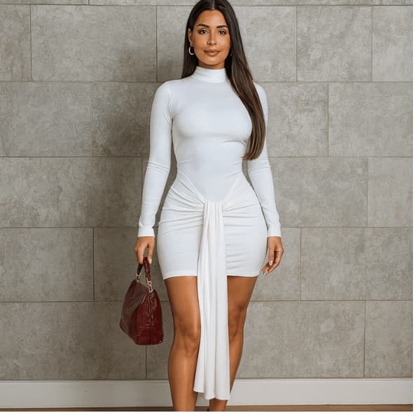 Vestido Moda Blogueira Feminino Gola Alta Manga Longa Suplex com Detalhe no Quadril 2,0