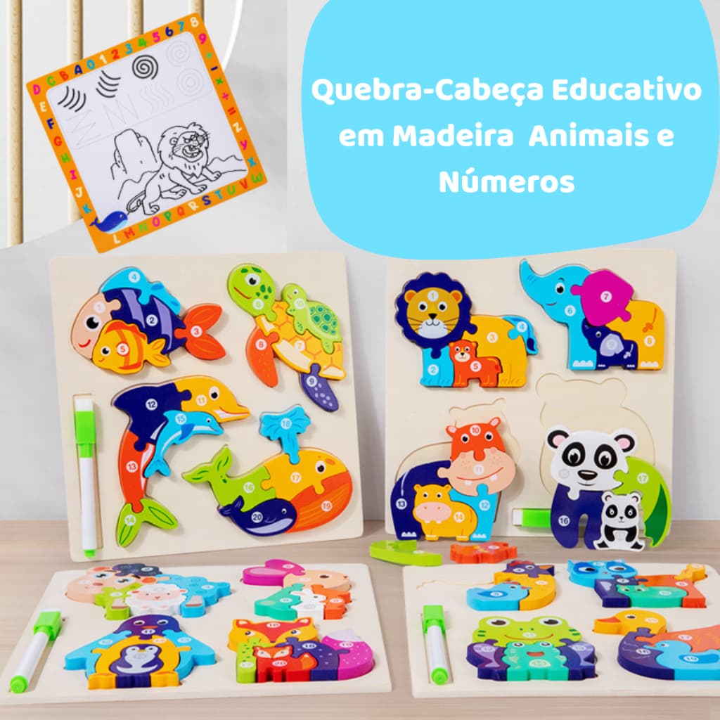 Quebra-Cabeça Educativo Infantil de Madeira Animais com Números – Montessori Didático