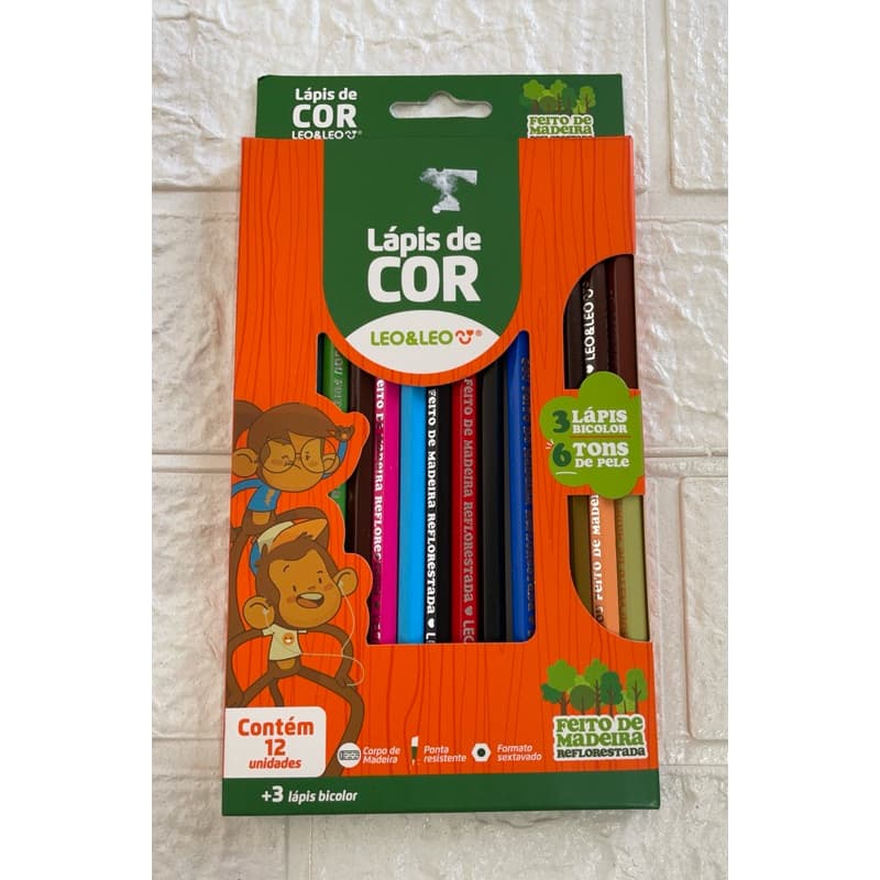 Lápis de Cor de Madeira 12 Cores + 3 Bicolors Tons de Pele - Leo&Leo