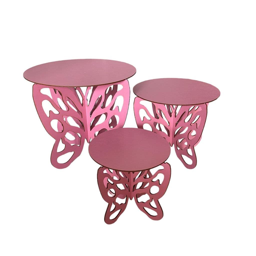 Kit Trio De Boleiras Borboleta Pmg Mdf Cru Decoração Festa Pintada Cor Rosa