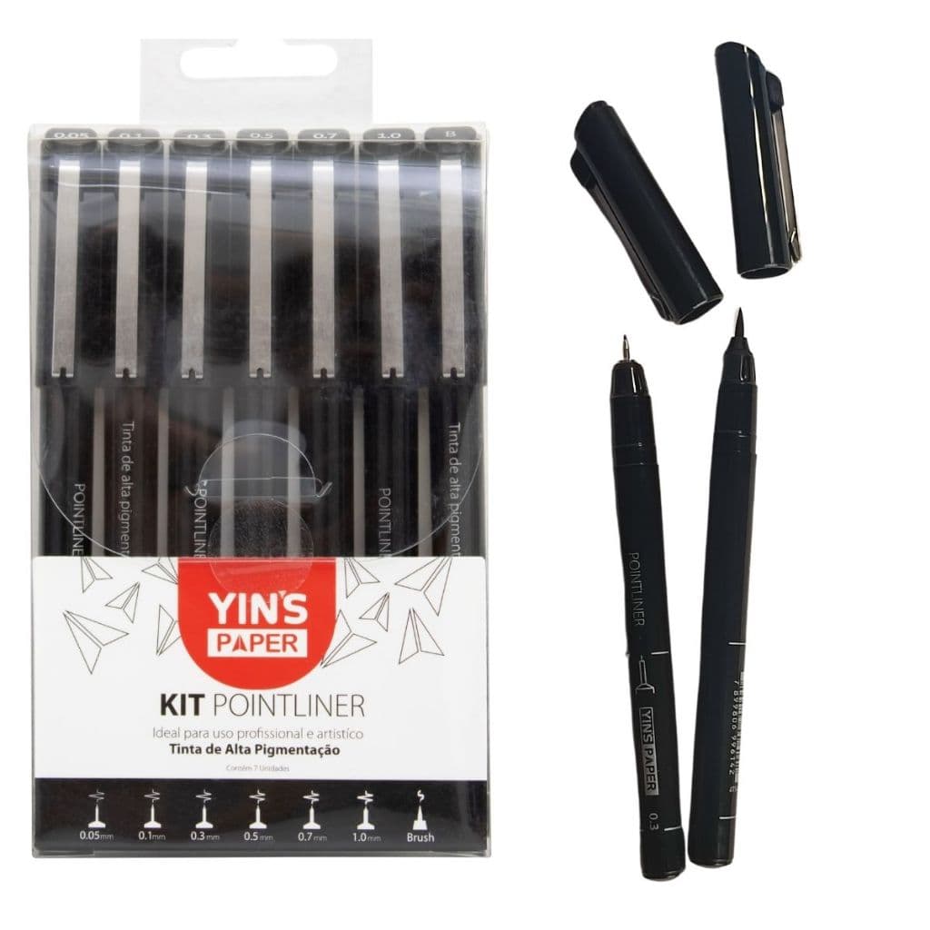 Kit 7 Canetas Pointliner com Ponta Fina Ideal para Desenho, Ilustração, Lettering e Uso Escolar