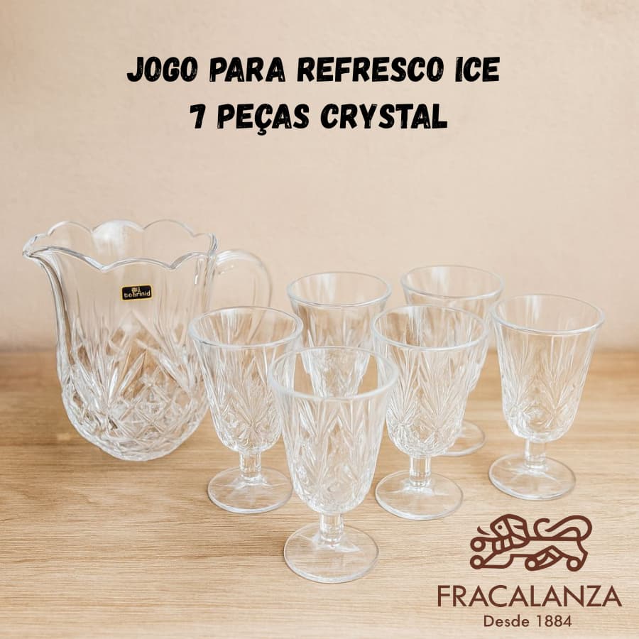 Jogo Jarra de Cristal 1,3L com 6 Taças 7 peças Fracalanza para Agua Suco Refresco Mesa Posta Luxo
