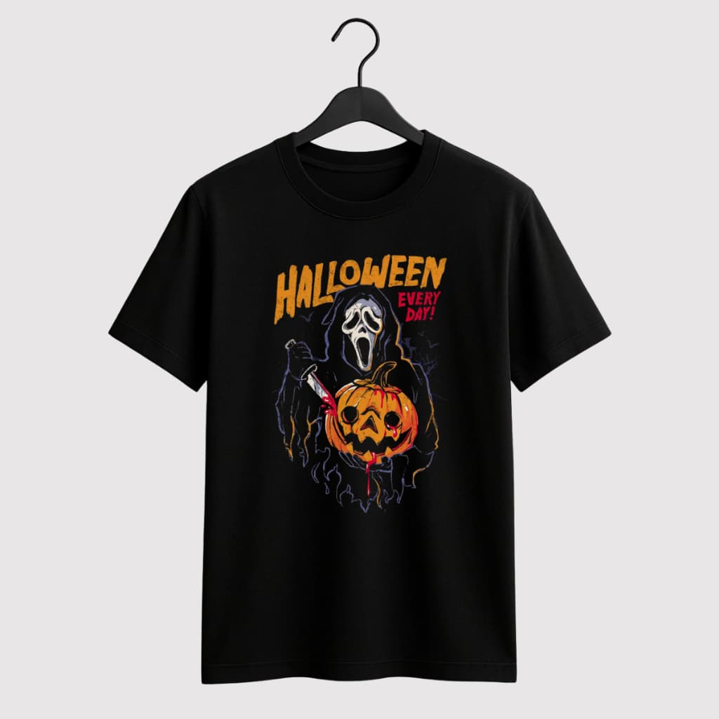 Camiseta Unissex Halloween Fantasia Terror | Estampa Abóbora e Máscara Pânico