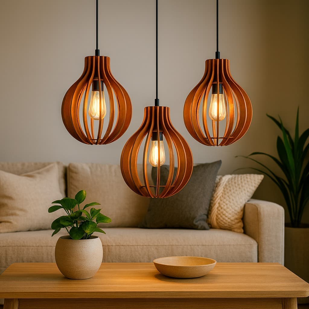 Kit Triplo Luminária Pendente Coquinho em MDF – Iluminação Decorativa para Ambientes