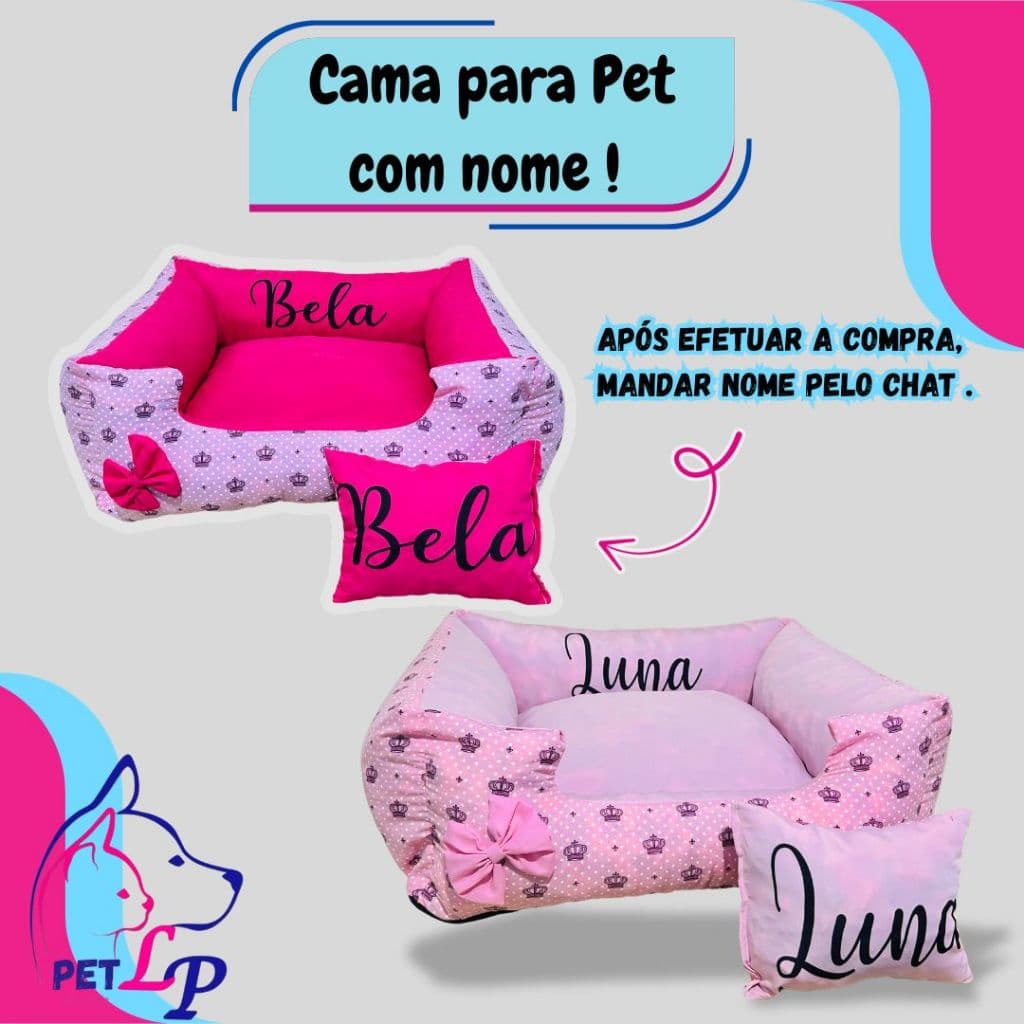 Cama Pet Cama para Cachorro Rebaixada com Nome Personalizado Coroa Rosa Menina