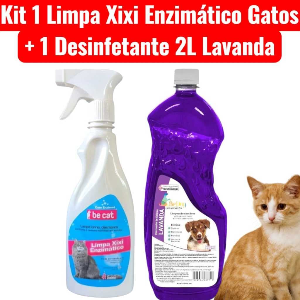 Kit 1 Limpa Xixi Enzimático Gato 500ml + 1 Desinfetante 2L - Lavanda - Be Dog