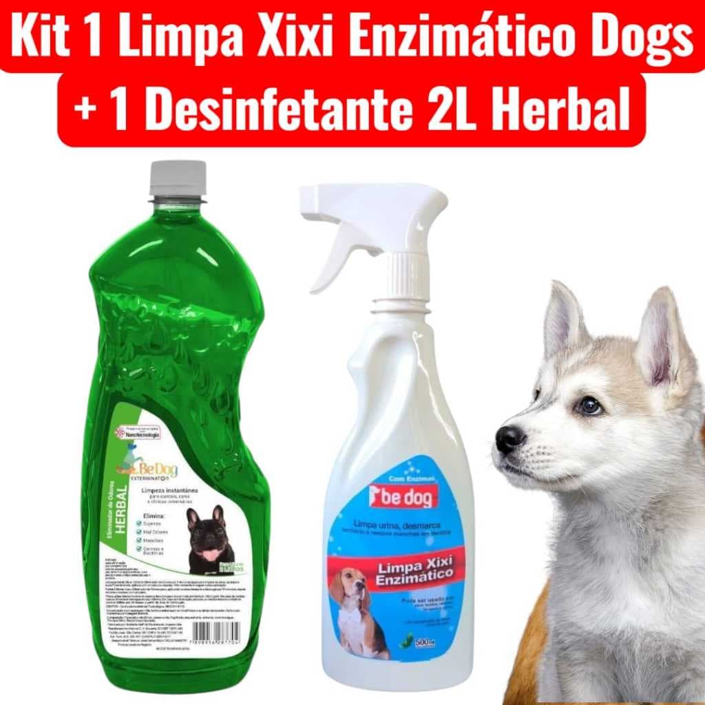 Kit 1 Limpa Xixi Enzimático Cachorro 500ml + 1 Desinfetante 2L - Herbal - Be Dog
