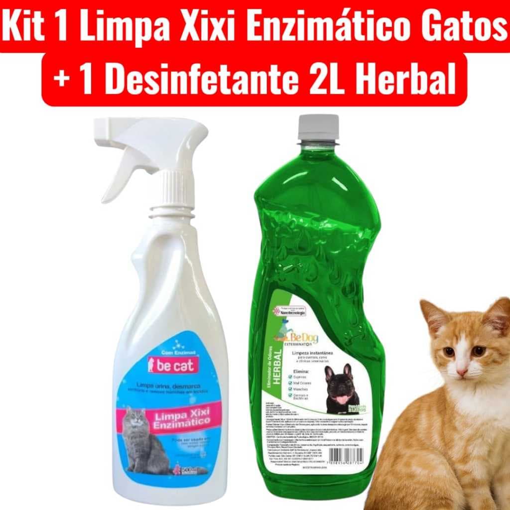 Kit 1 Limpa Xixi Enzimático Gato 500ml + 1 Desinfetante 2L - Herbal - Be Dog