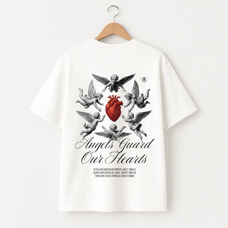 Camiseta Estilo Vintage Unissex – Estampa Anjos e Coração “Angels Guard Our Hearts”