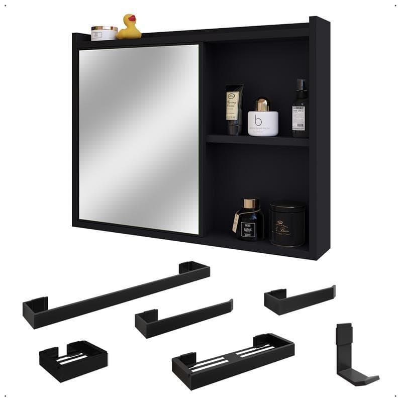 Espelheira Aérea Armarinho Banheiro 1 Porta Espelho Prateleira Kit Acessório Lavabo 6 Peças Aço Inox