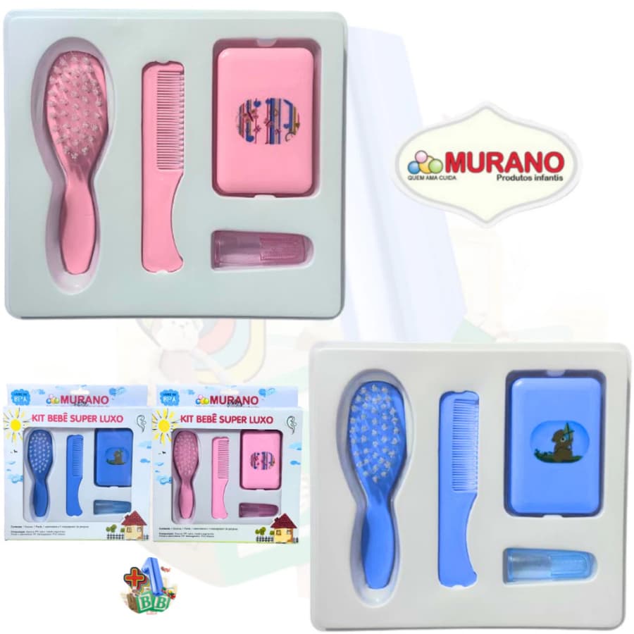 Kit 10-20 Bebê Super Luxo Infantil Murano Recém-Nascido Pente Escova Azul e Rosa REF 213 ALTO