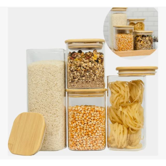 Kit 4 Potes Herméticos Vidro Borossilicato Quadrado Tampa Bambu Mantimentos