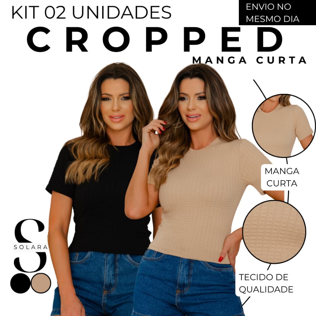 KIT 02 Camiseta Manga Curta Feminino Texturizado Justo Blusca Cropped Casual