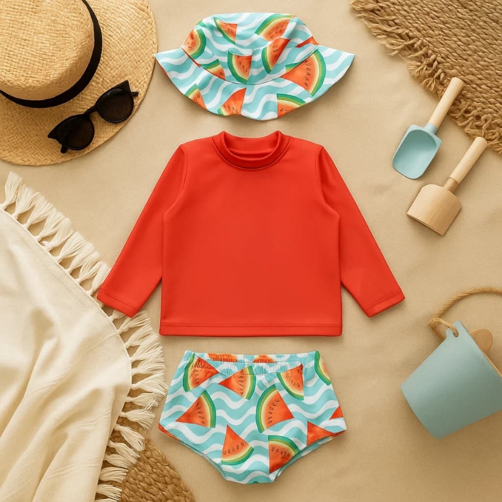 Conjunto Praia Bebê Proteção Uv 50+ Com Forro Menina 3 Peças