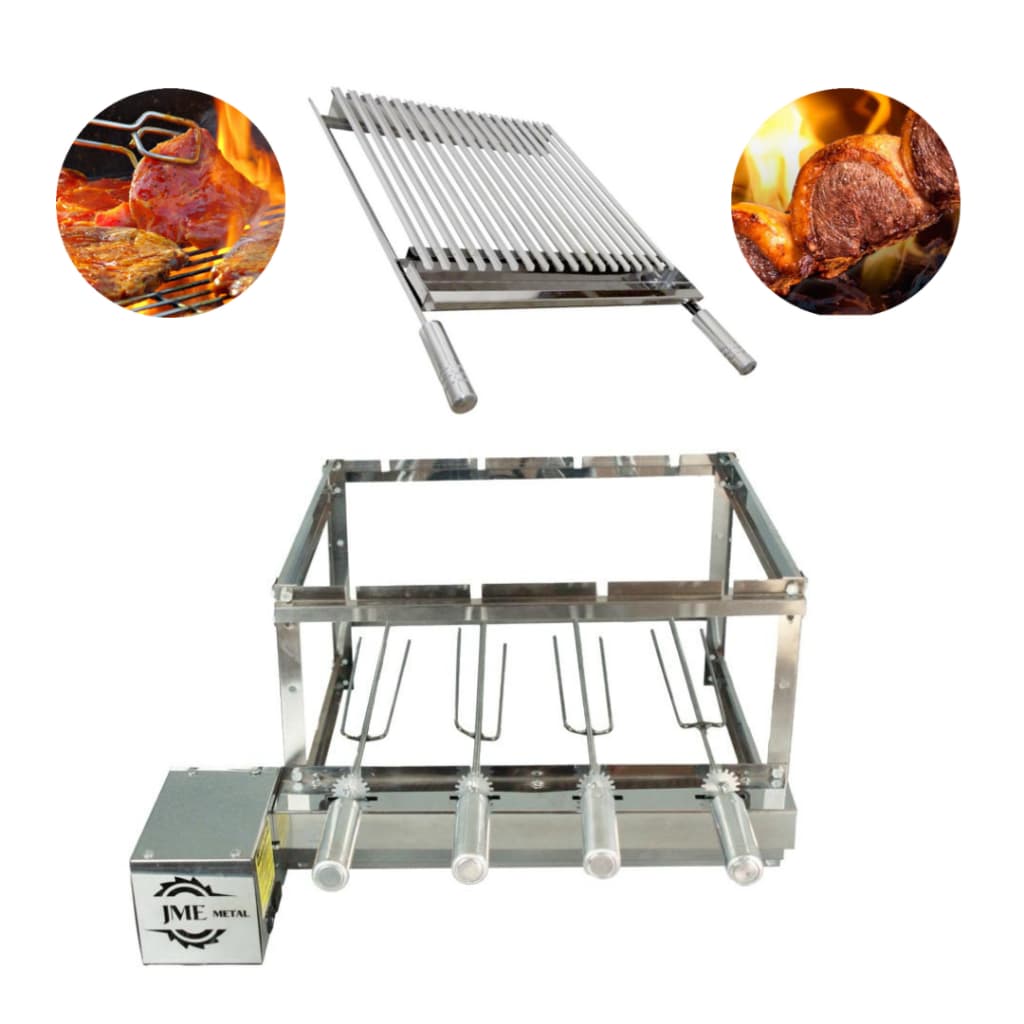 Churrasqueira Grill Elétrico giratório  100% Inox 4 Espetos + Grelha Argentina
