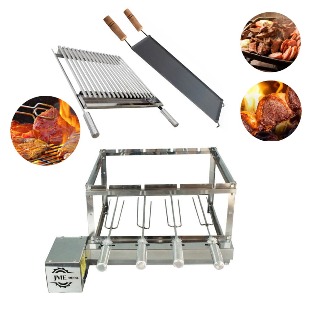 Churrasqueira Grill 100% Inox 4 Espetos + Grelhas Argentina + Bifeteira